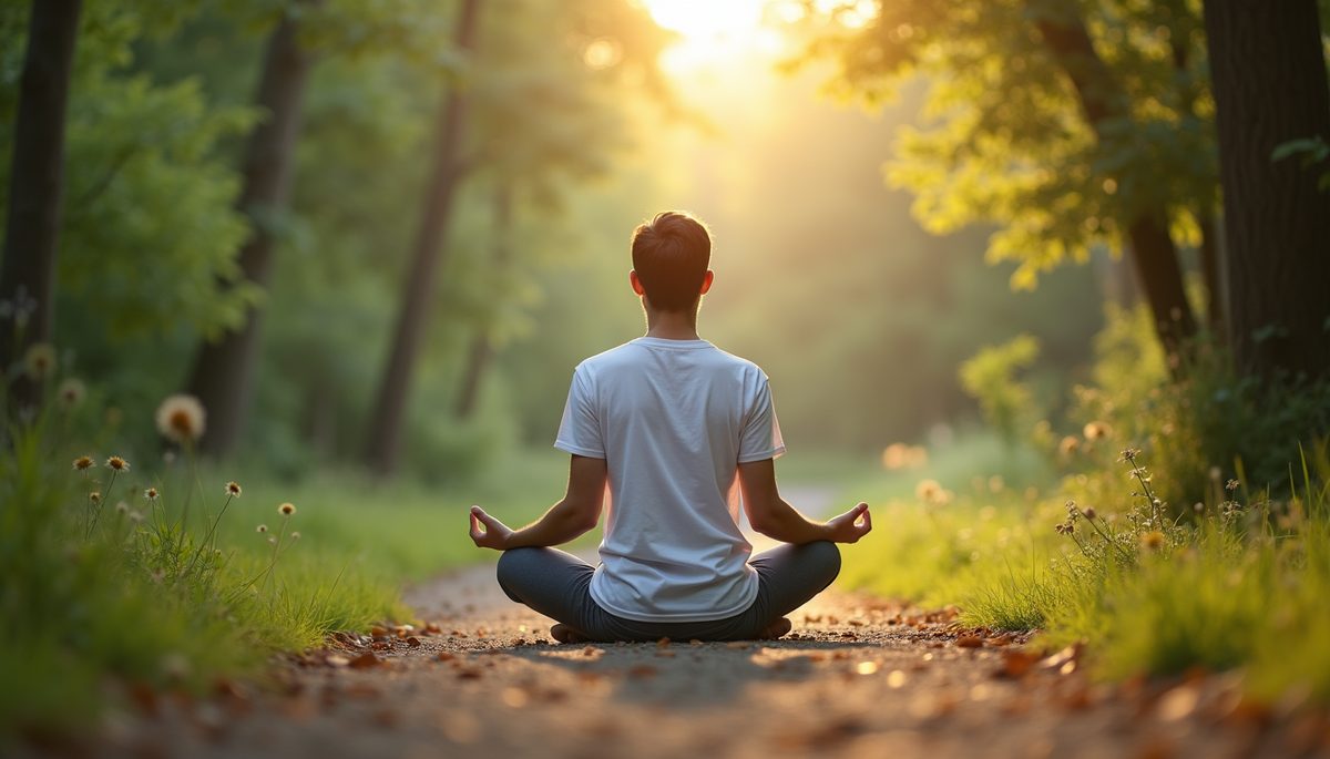 Eye-level view of a person meditating in a peaceful natural setting