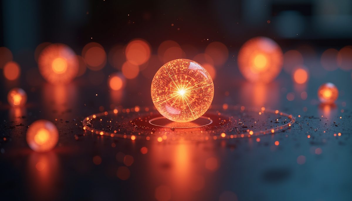 Eye-level view of a glowing atom model representing quantum particles