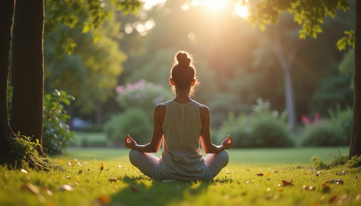 Eye-level view of a person meditating in a peaceful garden