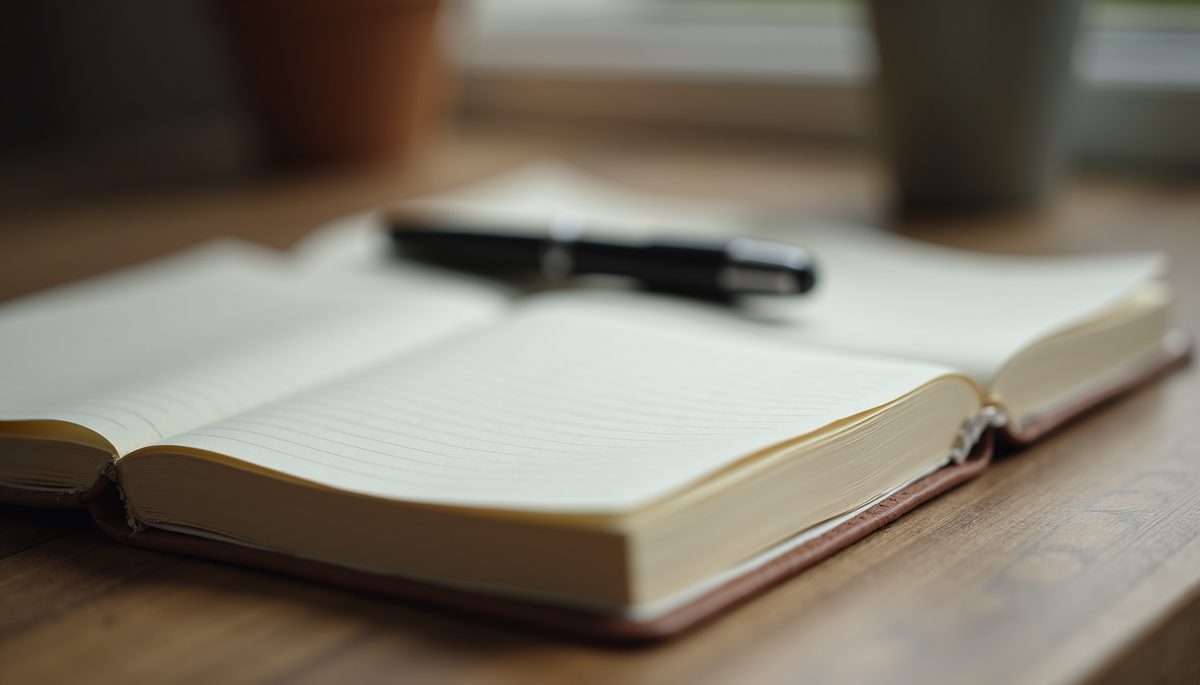 Close-up view of a journal and pen on a wooden desk