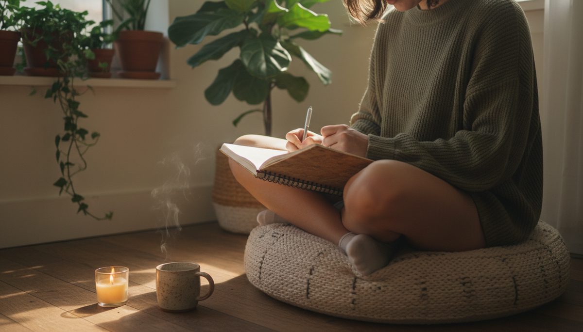 Eye-level view of a person writing intentions in a journal near a candle and tea