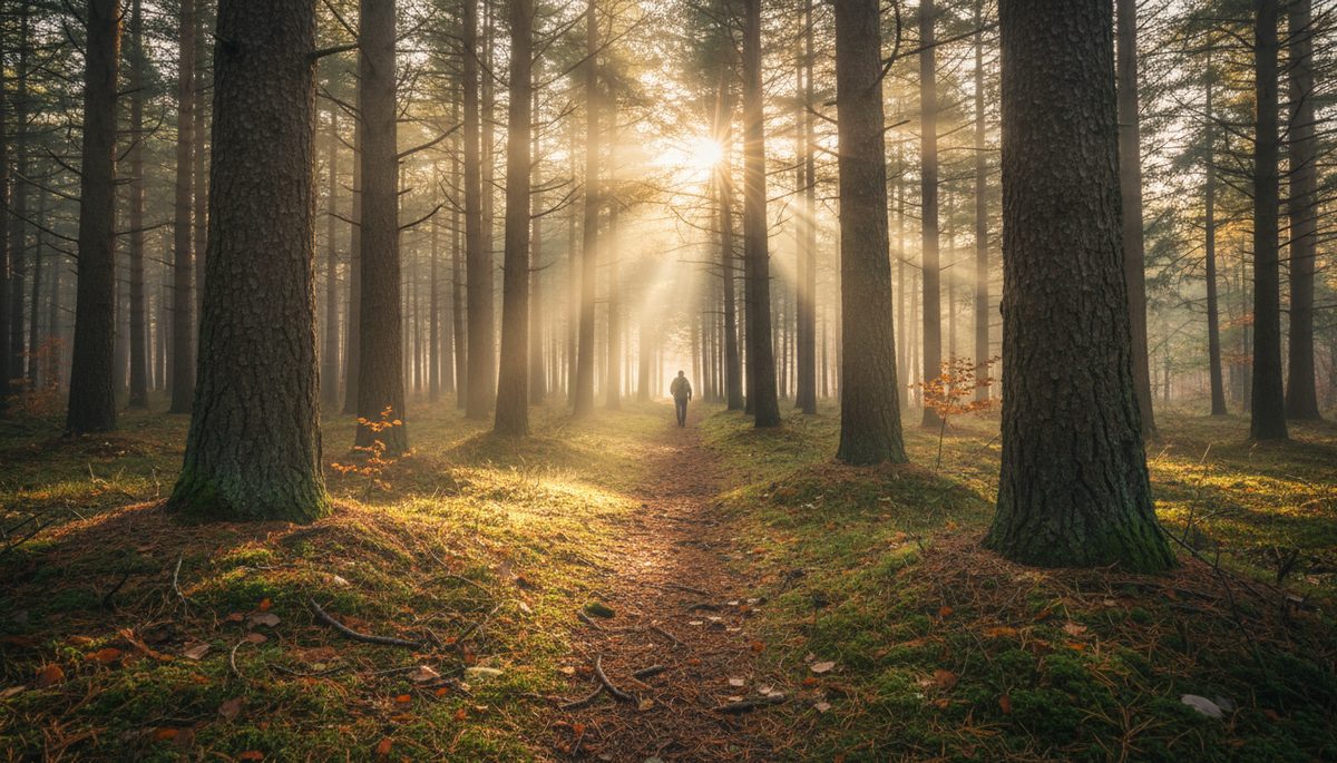 Low-angle view of a forest path with sunlight passing through tall trees