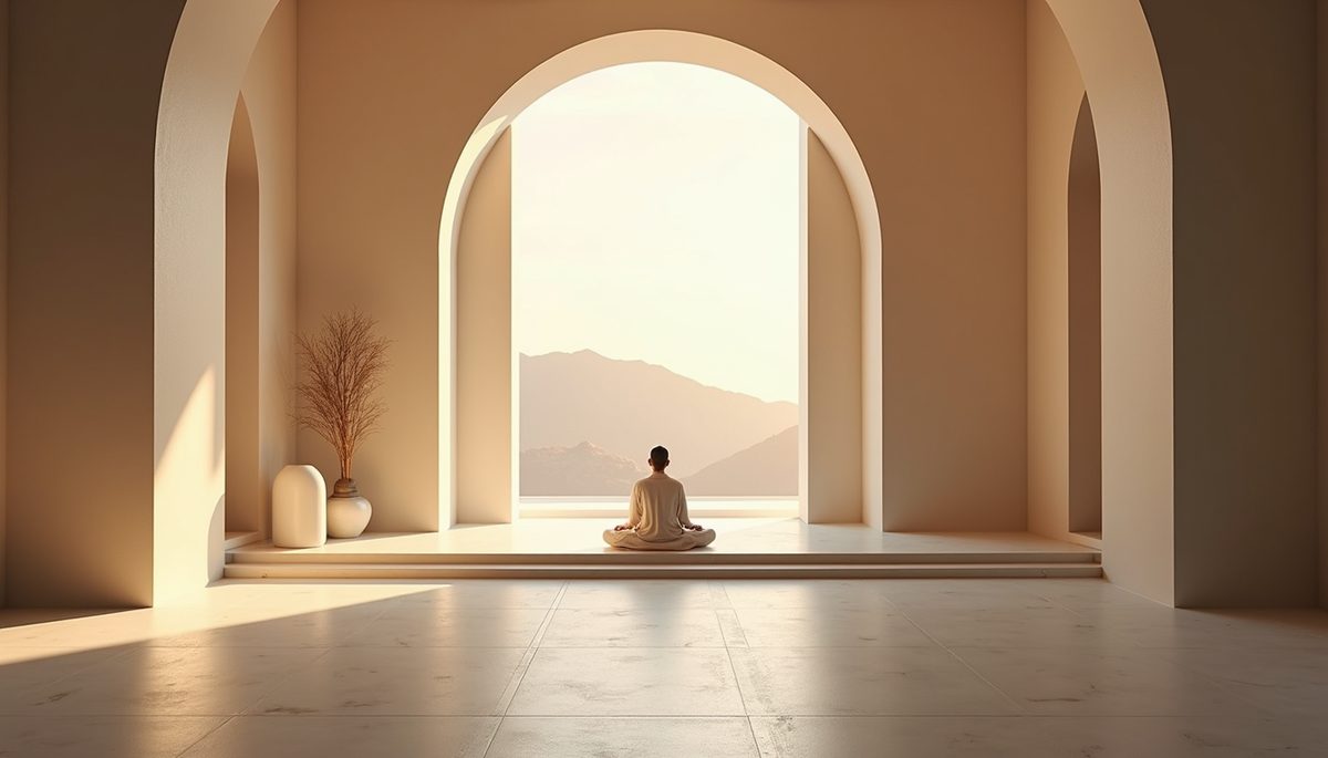 Eye-level view of a serene meditation space with soft lighting