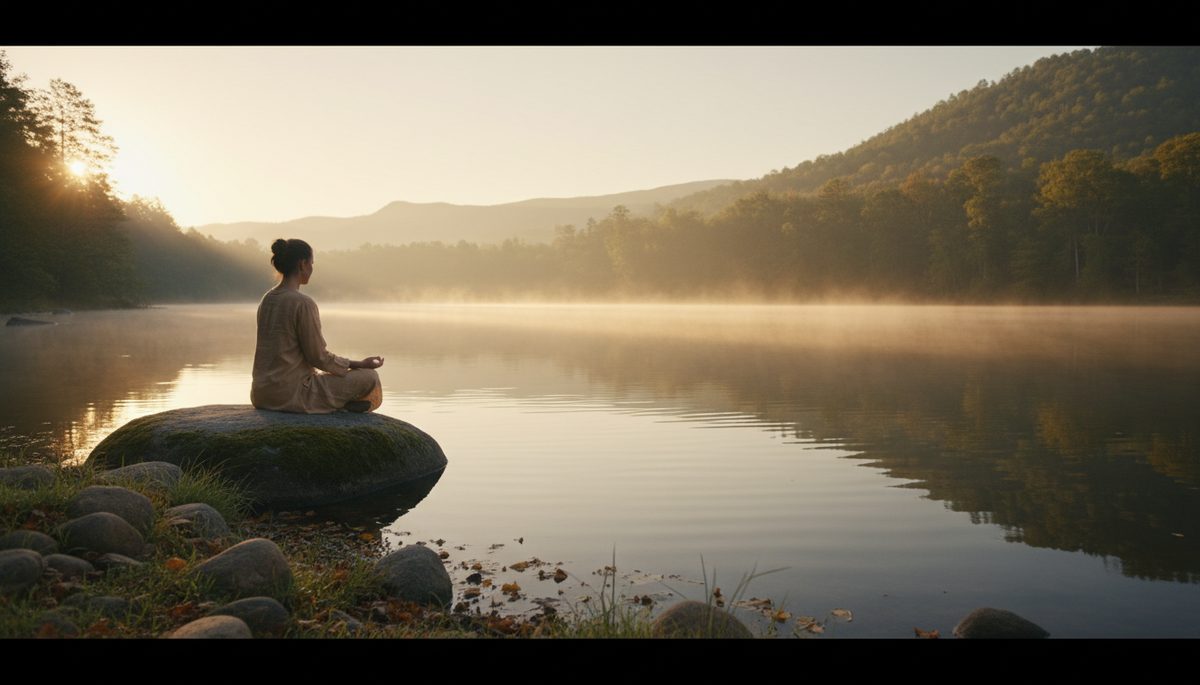 Wide-angle view of a person sitting beside a calm lake at sunrise.