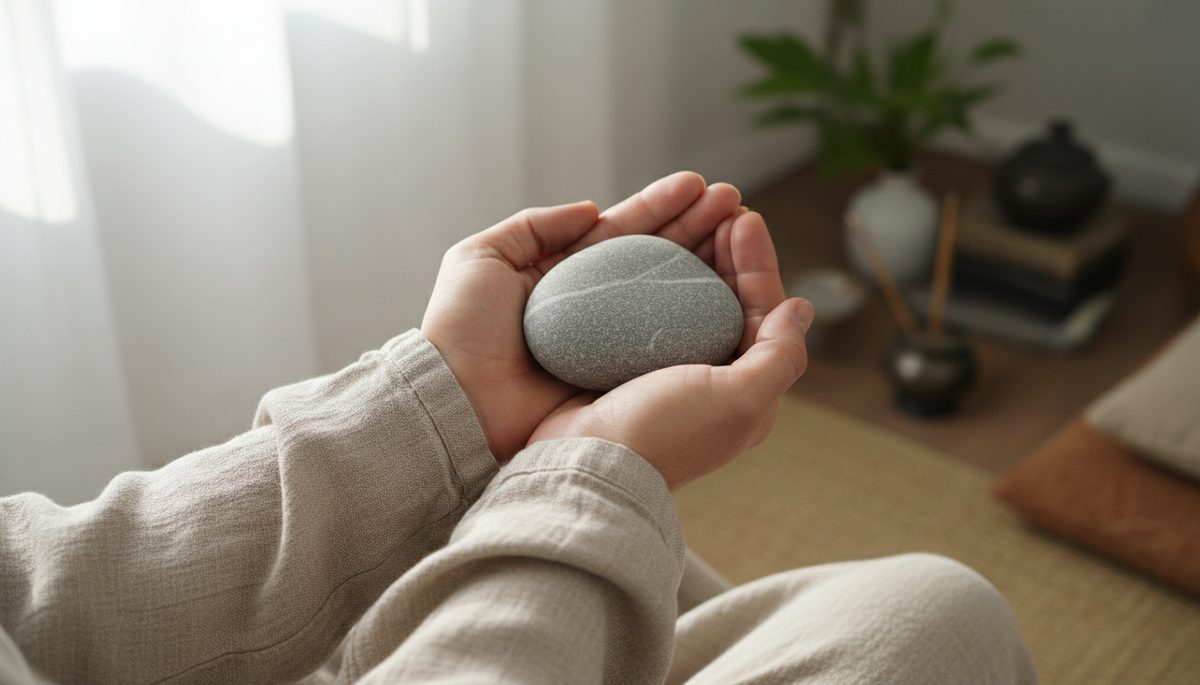 Close-up view of hands holding a smooth stone during meditation.