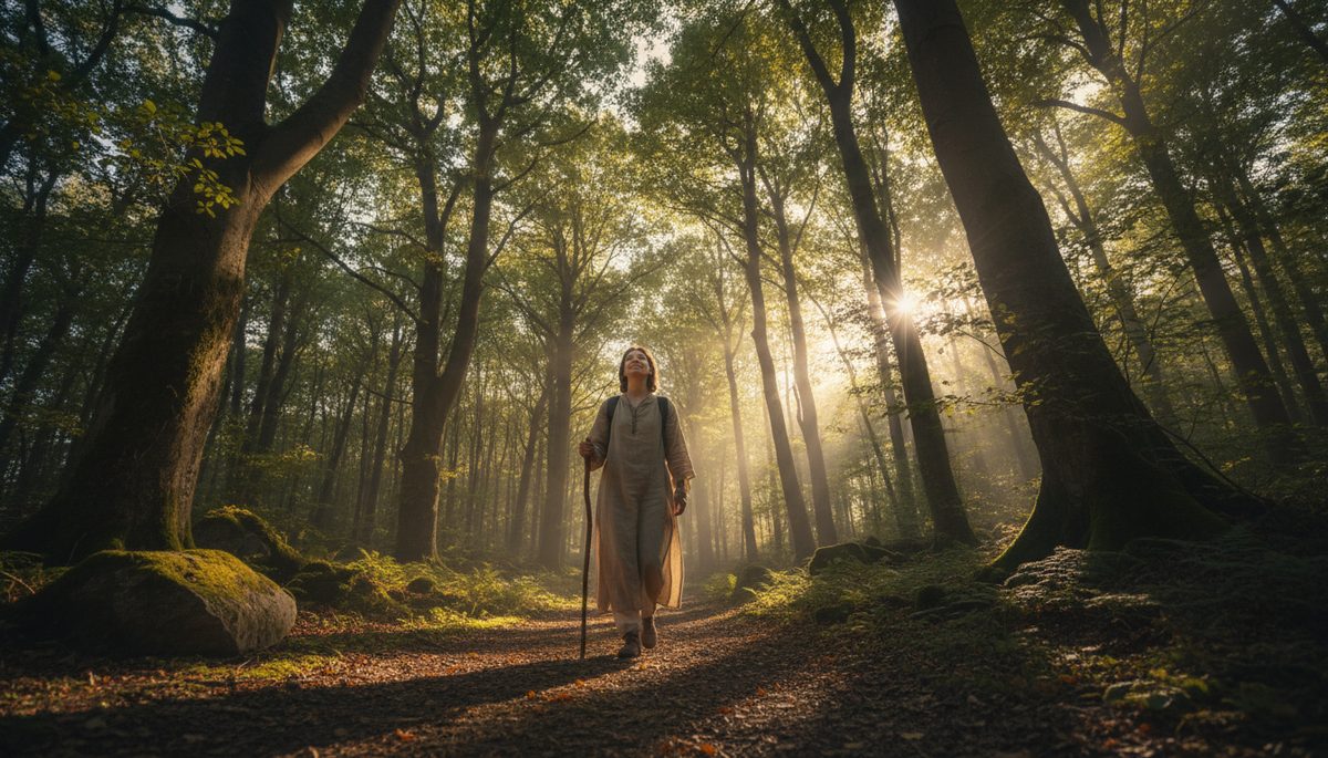Low-angle view of a person walking on a sunlit forest path.