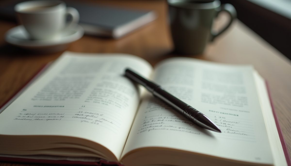 Close-up view of an open journal with a pen and coffee