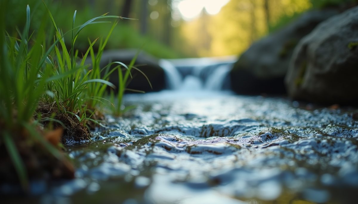 Eye-level view of a serene nature scene with flowing water