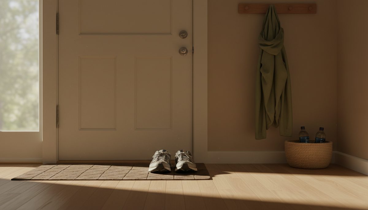 Wide-angle view of running shoes placed neatly beside a front door in soft morning light.
