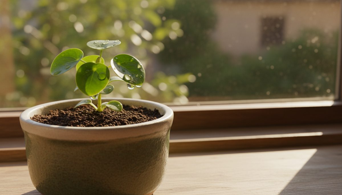 Eye-level view of a small green plant growing in a ceramic pot on a sunny windowsill.
