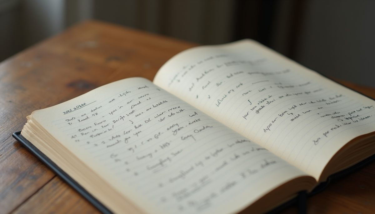 Eye-level view of a journal open with handwritten manifestation notes