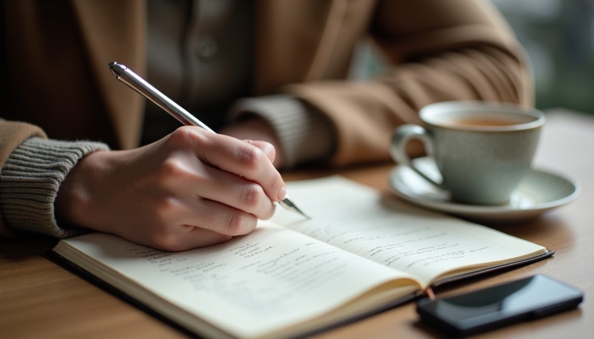 Close-up of a person writing in a manifestation journal with a cup of tea nearby