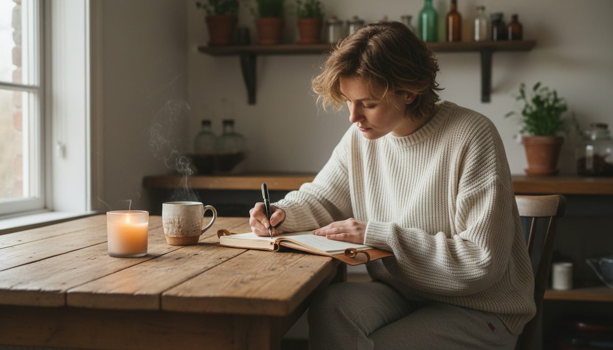 Eye-level view of a person writing intentions in a journal beside a candle and a cup of tea