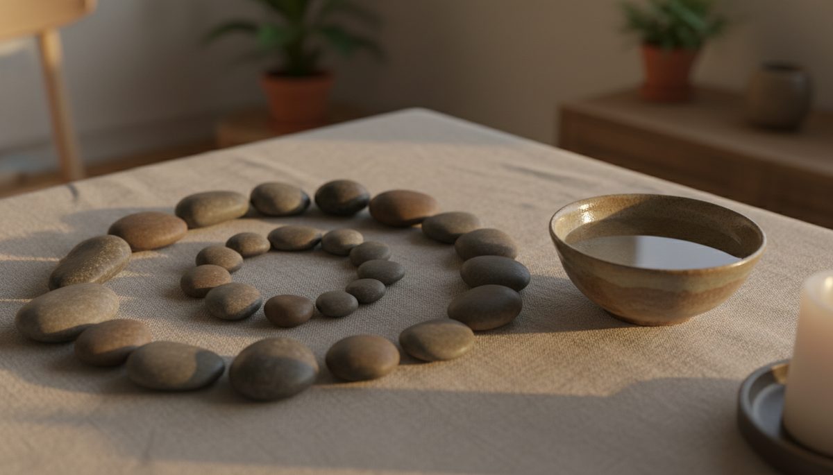 Close-up of smooth stones arranged in a spiral beside a small bowl of water