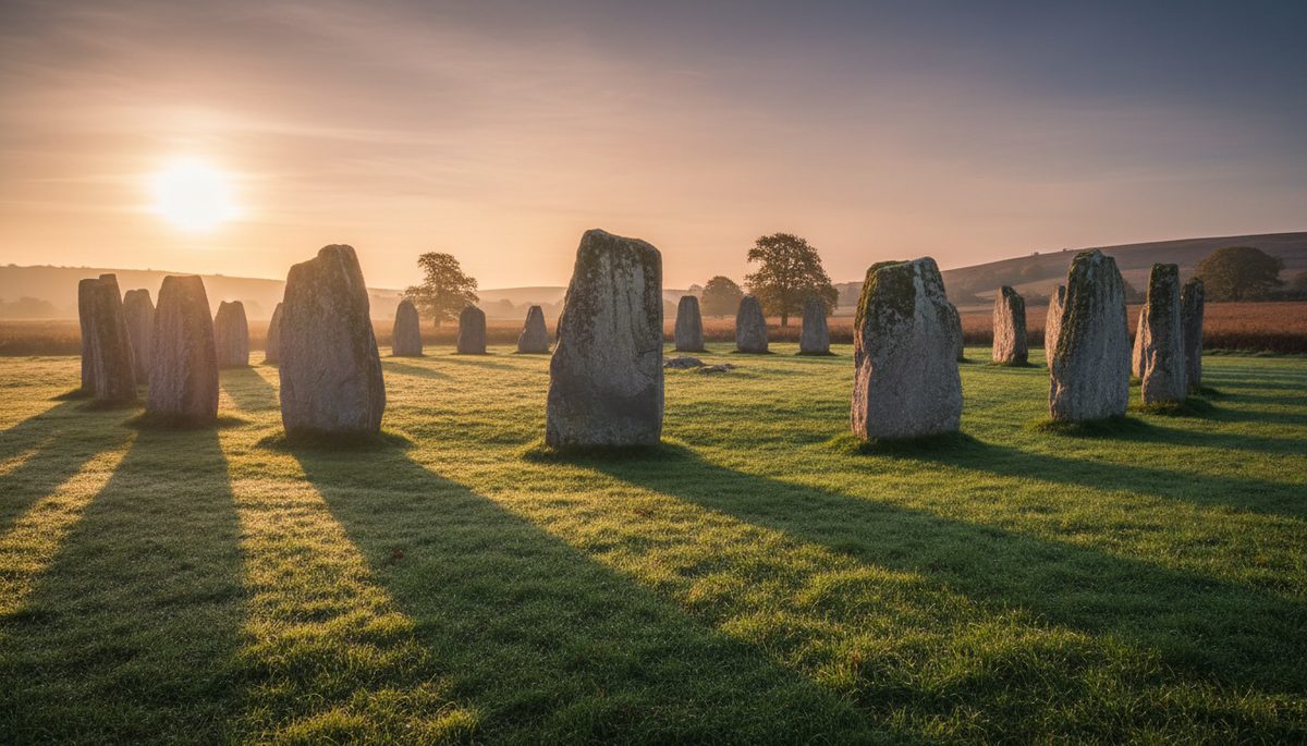 Wide-angle view of an ancient stone circle at sunrise.