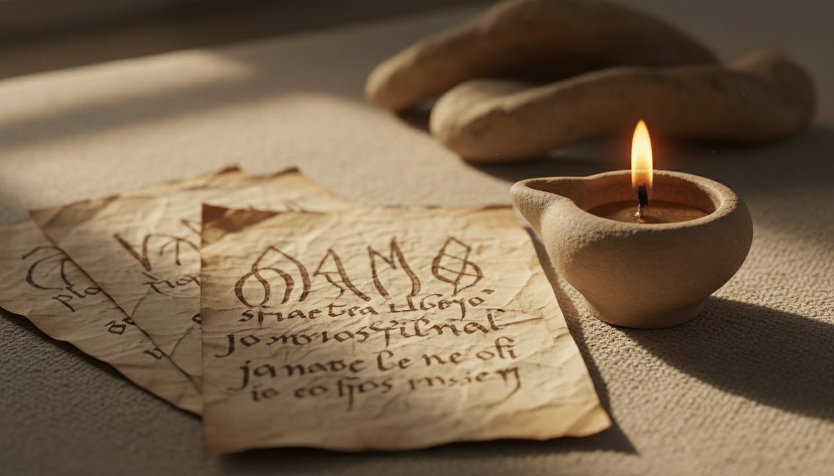 Close-up view of handwritten prayers beside a small clay oil lamp.