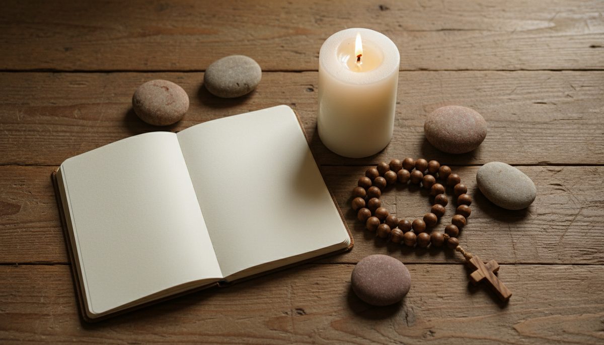 Overhead view of a candle, journal, beads, and small stones on a wooden floor.