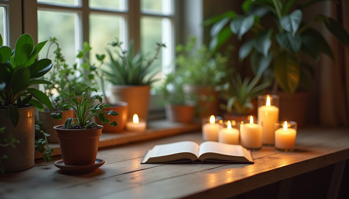 Wide angle view of a tranquil workspace filled with plants and candles