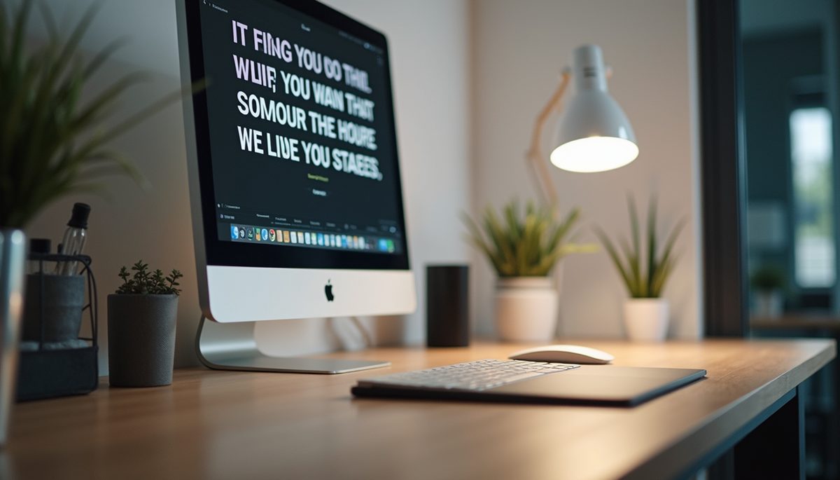 Eye-level view of a modern workspace with a computer and inspirational quotes