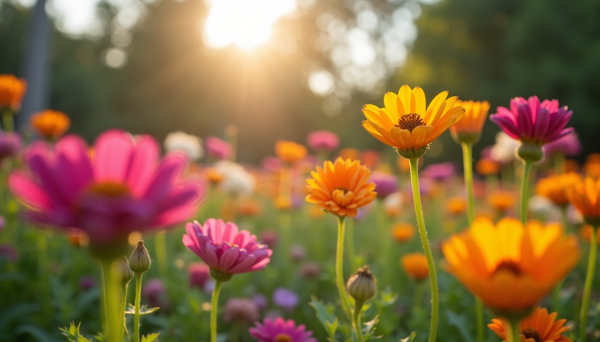 Eye-level view of a colorful garden filled with vibrant flowers