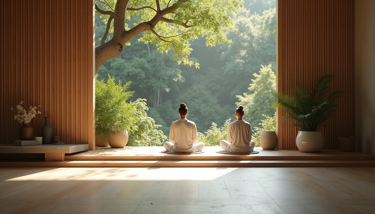 Eye-level view of a peaceful meditation space with natural elements