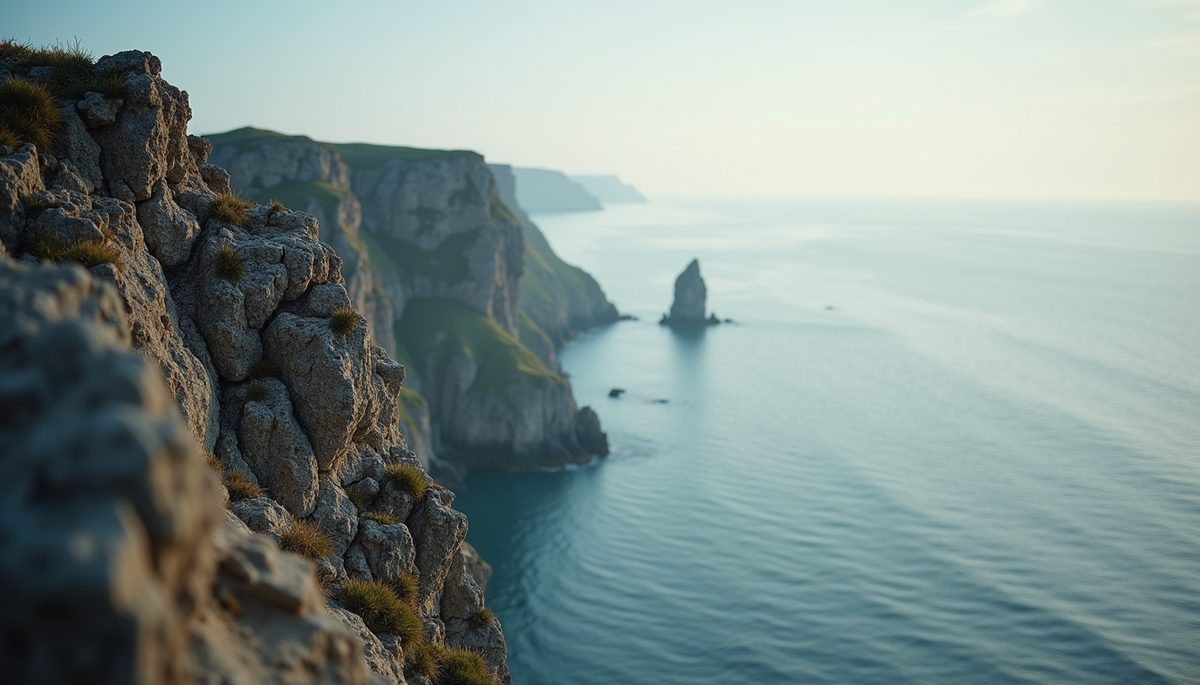 Close-up view of a rocky cliff overlooking a calming sea