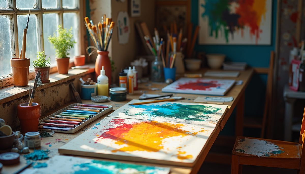 High angle view of a vibrant artist studio filled with paint supplies