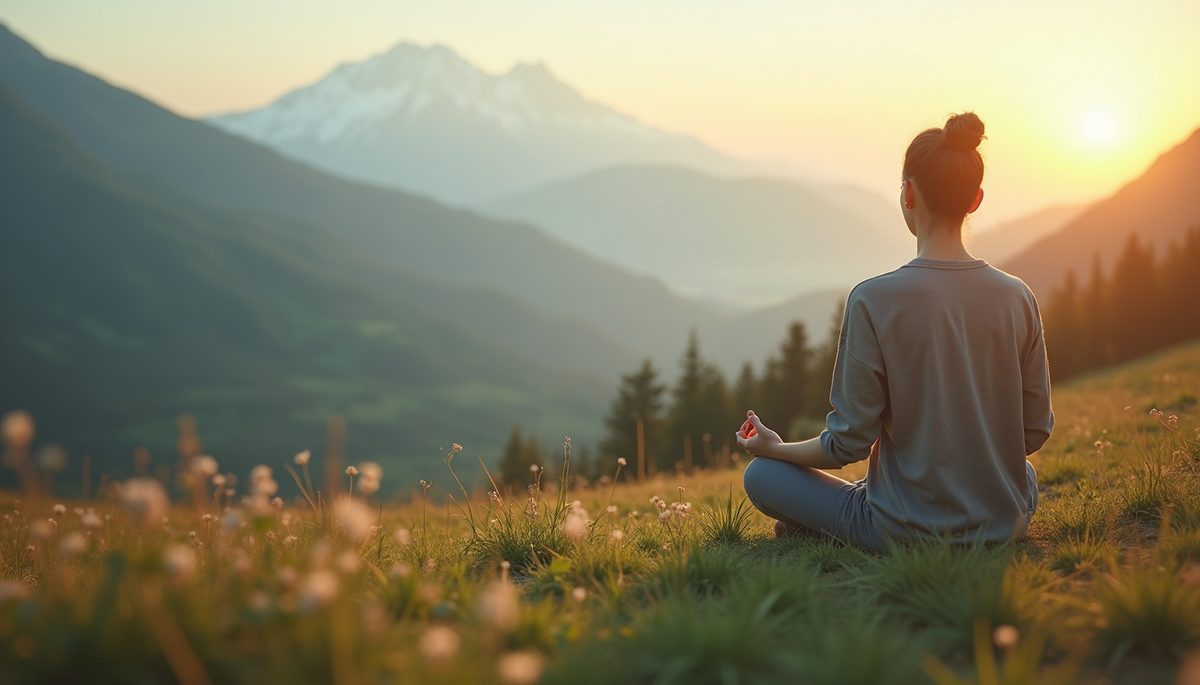 Close-up view of a person meditating in a serene landscape