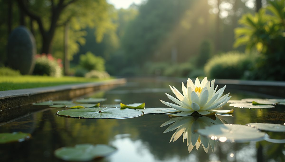 Eye-level view of a tranquil garden symbolizing serenity and reflection