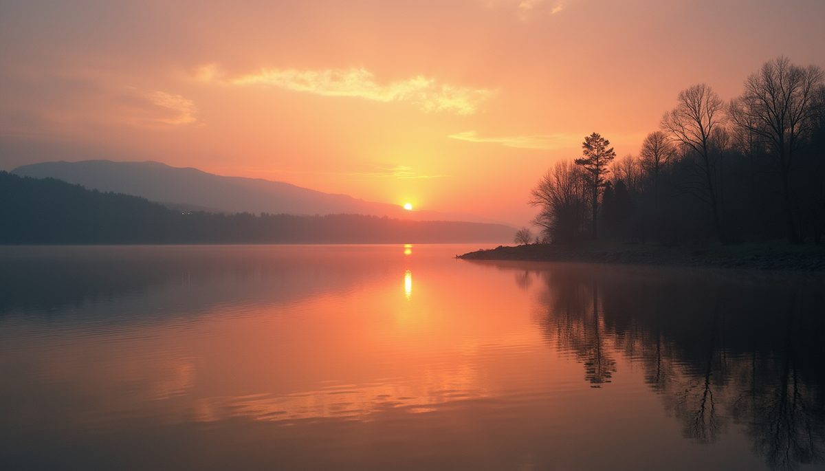 High angle view of a tranquil lake at sunset