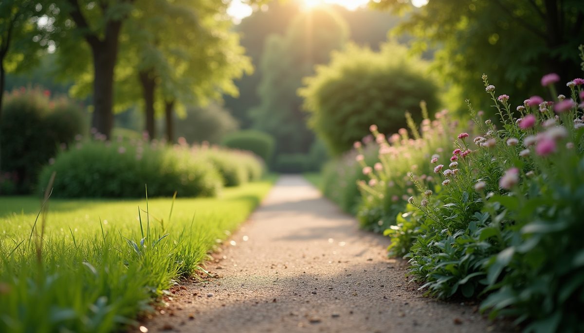 Eye-level view of a tranquil garden path