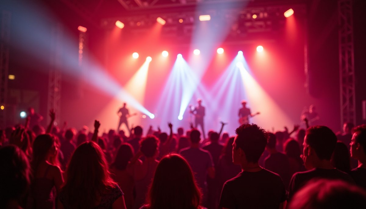 Eye-level view of a vibrant live concert scene