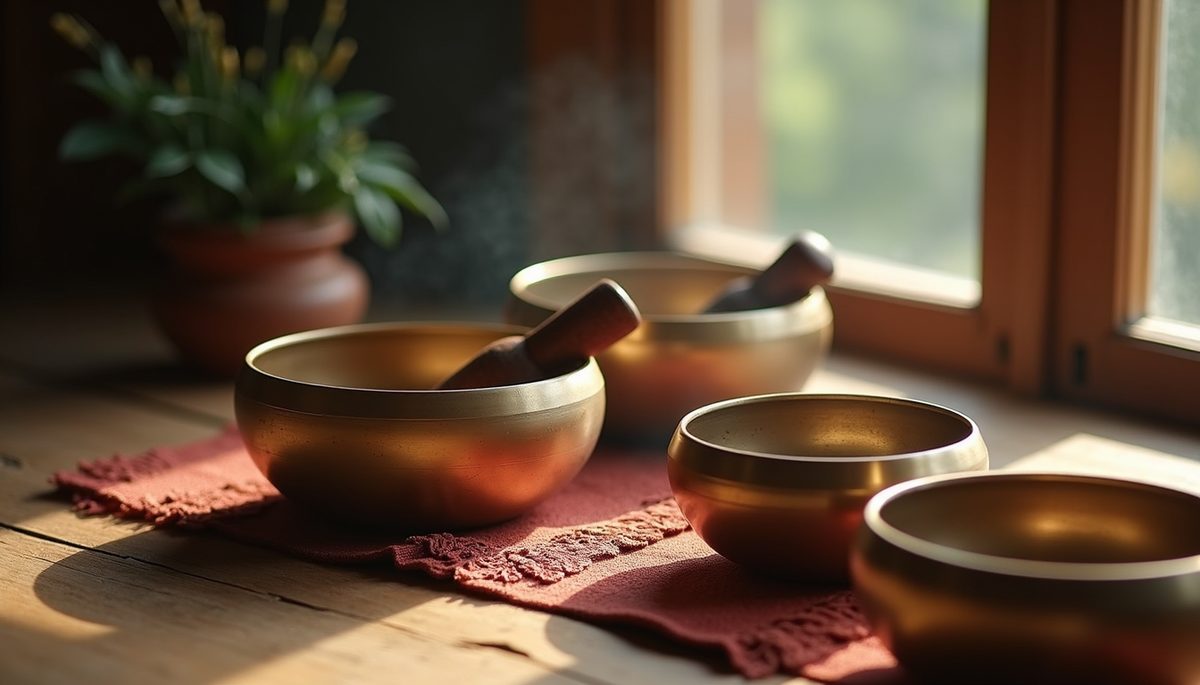 High angle view of Tibetan singing bowls in a serene setting
