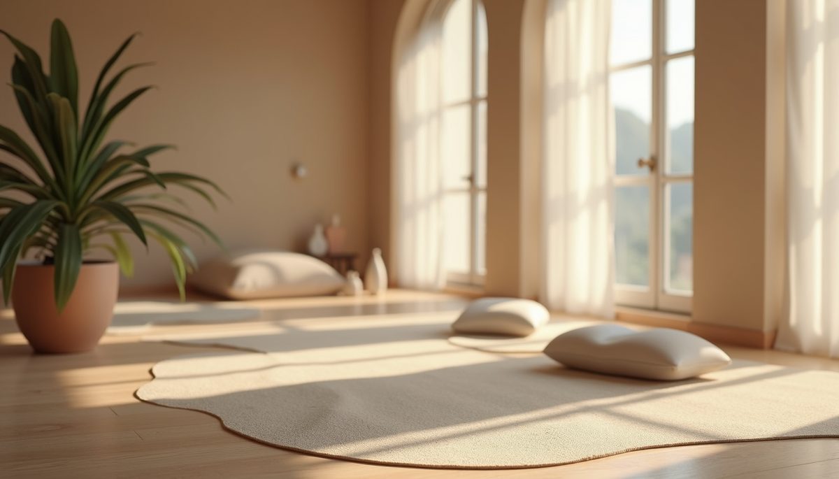 Eye-level view of a peaceful meditation space with calming elements