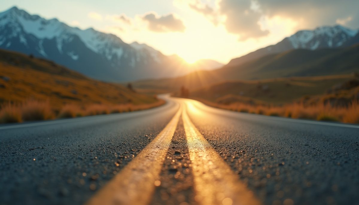 Close-up view of a winding road through a scenic landscape