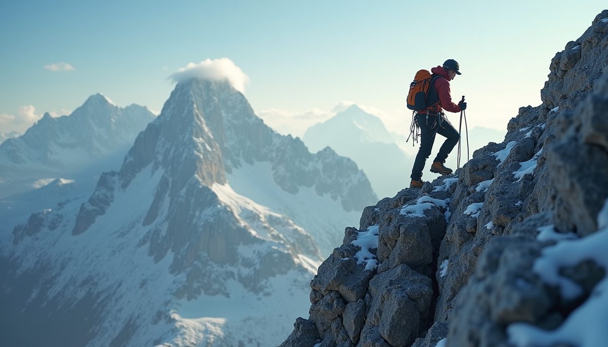 Eye-level view of a mountain climber reaching a summit