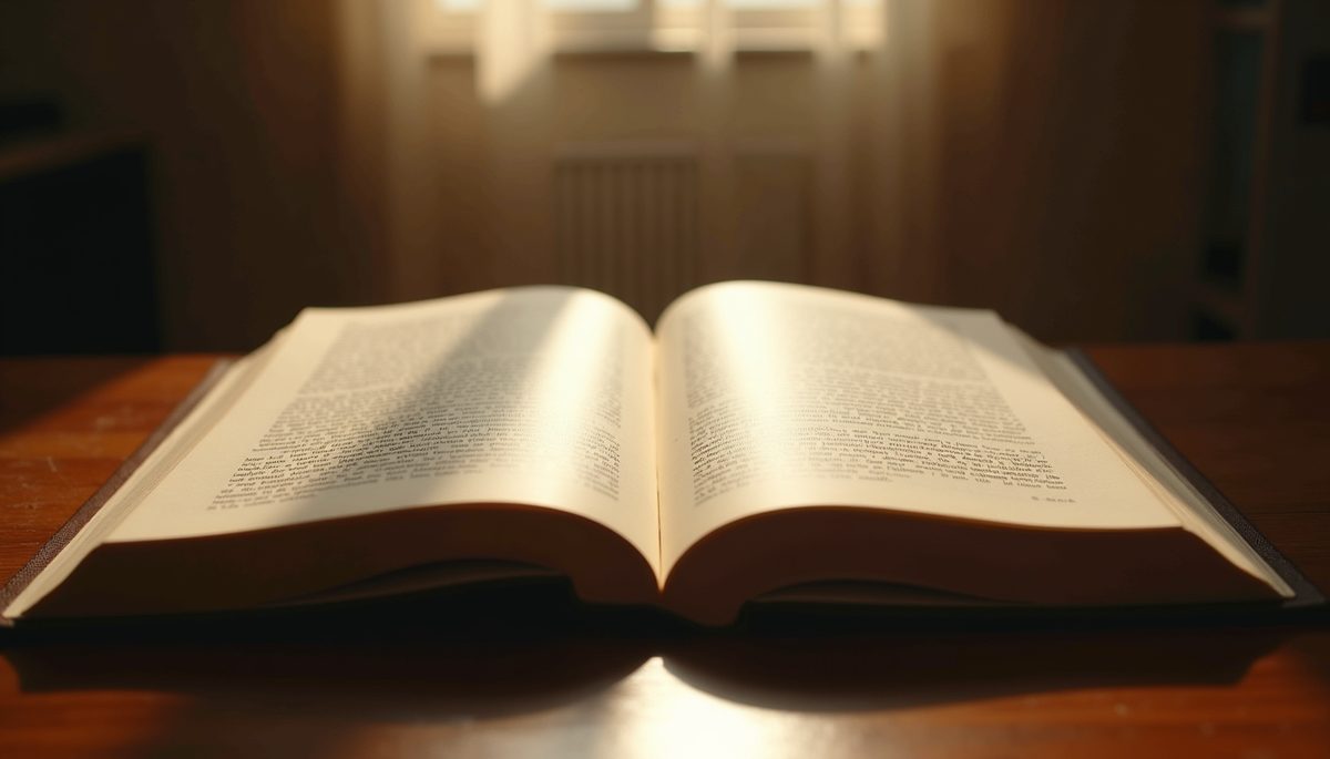 Wide angle view of an open book surrounded by light