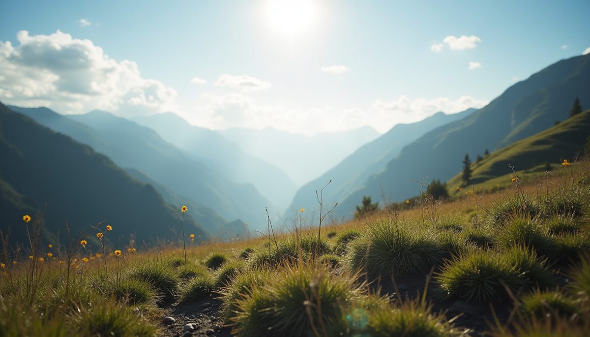 Close-up view of a peaceful mountain scene under a bright sky