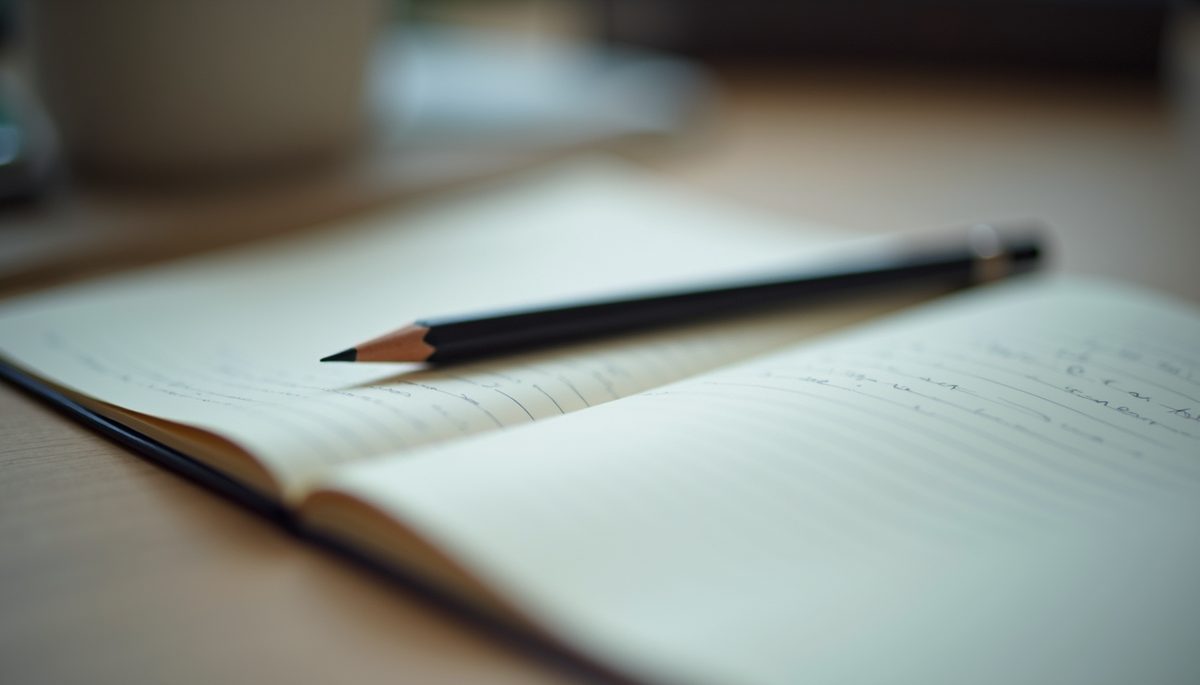 Eye-level view of a notepad and pencil on a desk