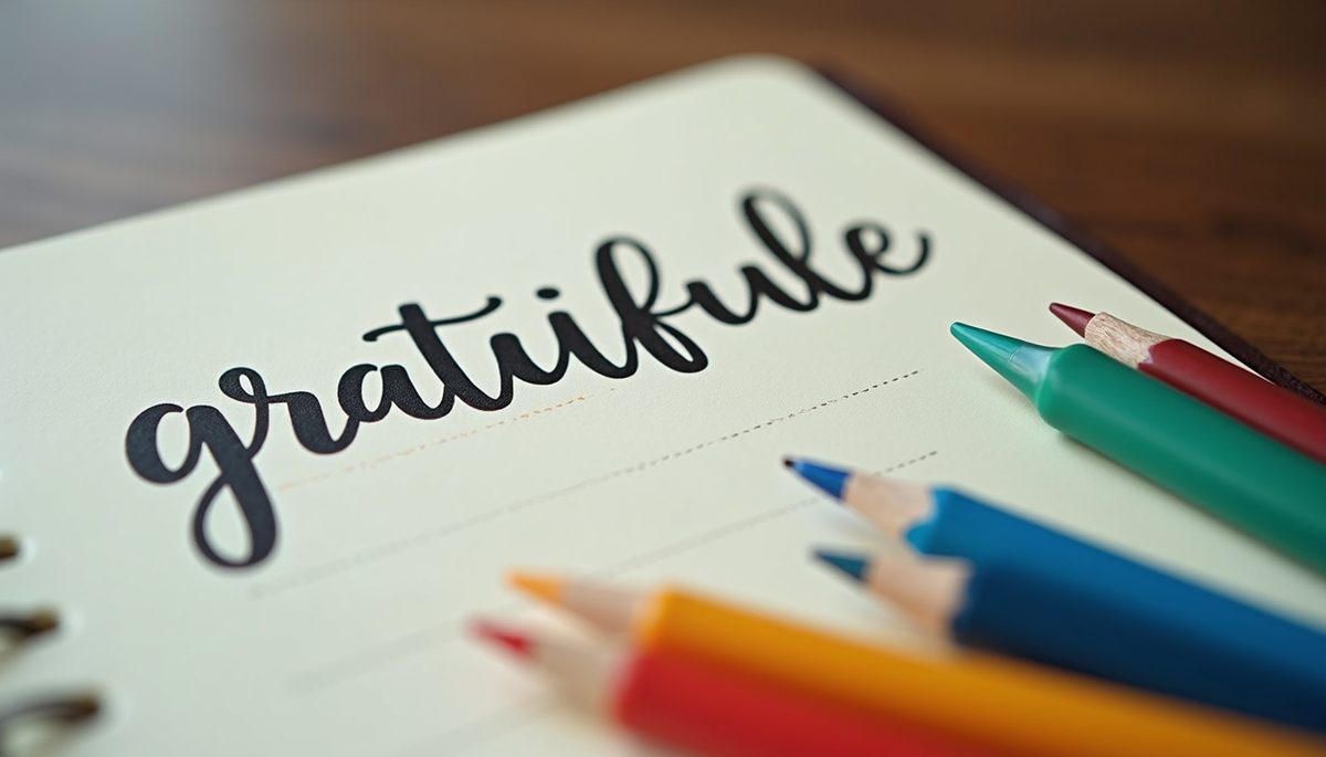 Close-up of a gratitude journal with colorful pens