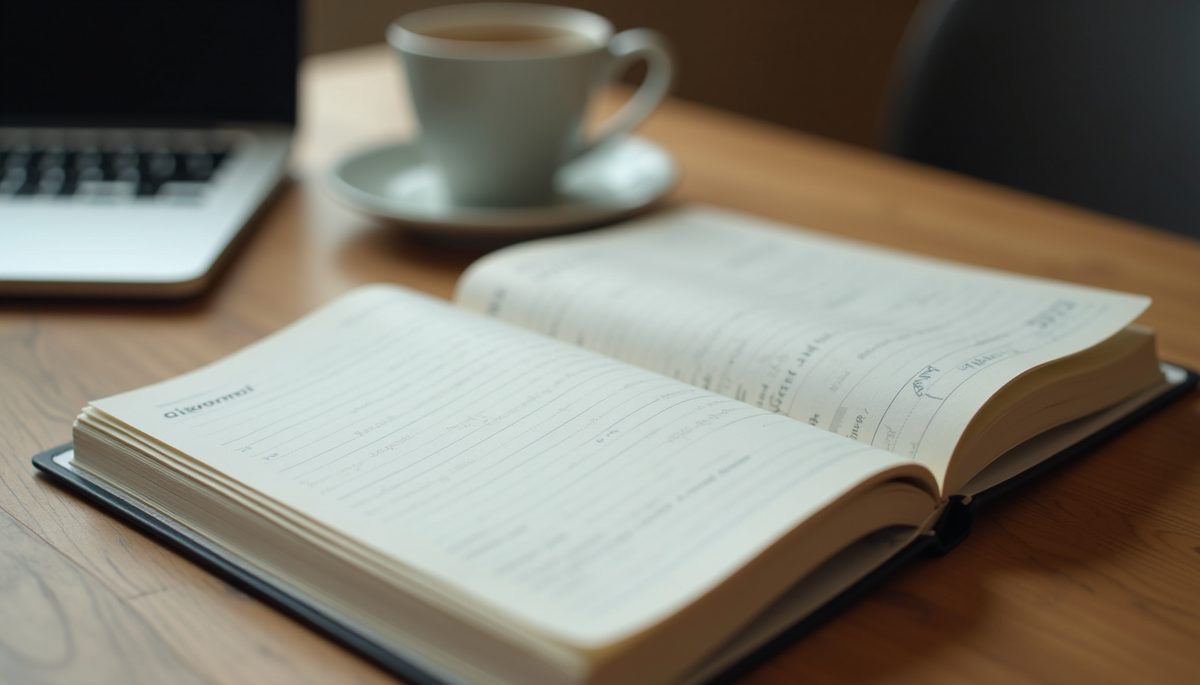 High angle view of an open notebook on a wooden desk
