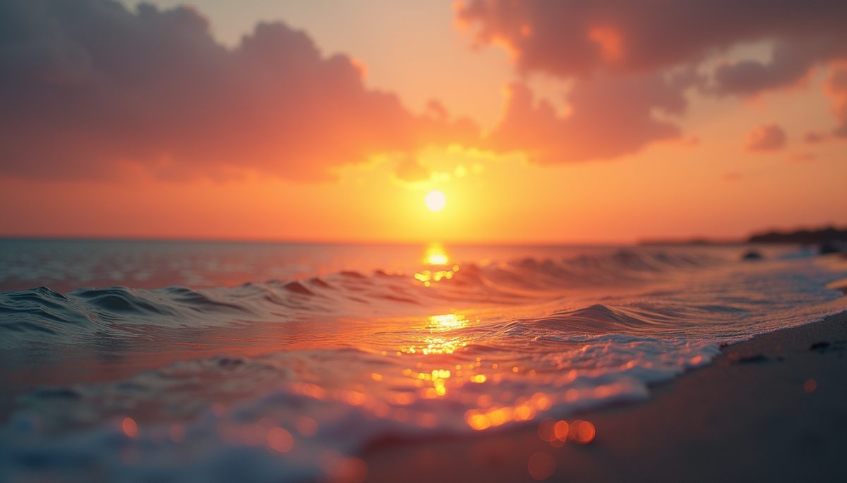 Eye-level view of a serene sunset over a calm ocean