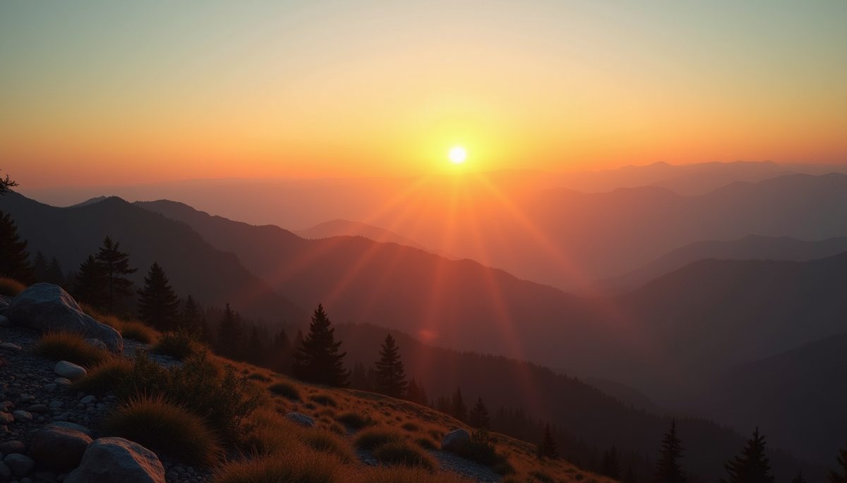 High angle view of a sunrise over mountains