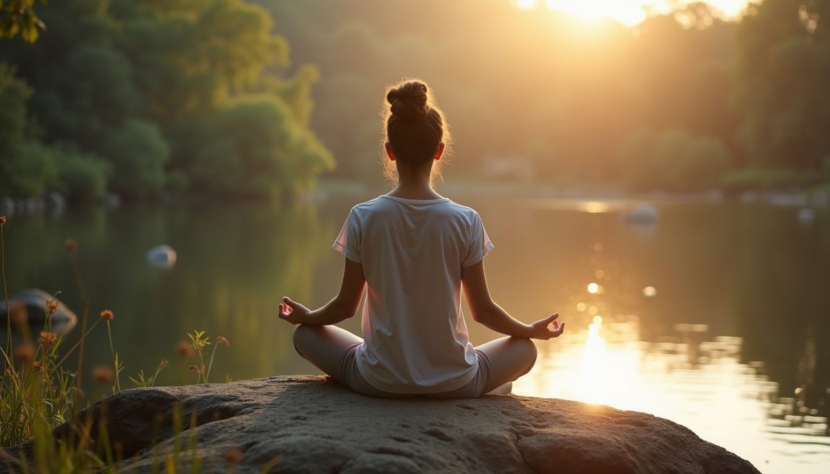 Close-up view of a person meditating in a serene environment