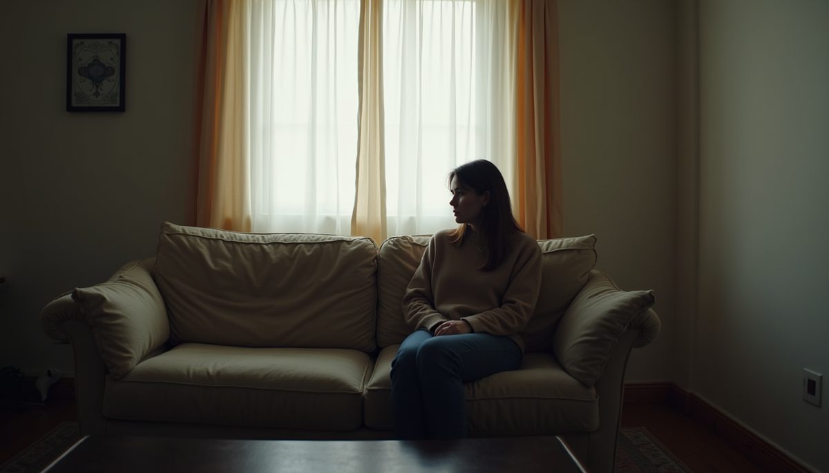 Eye-level view of a person sitting on a couch looks contemplative
