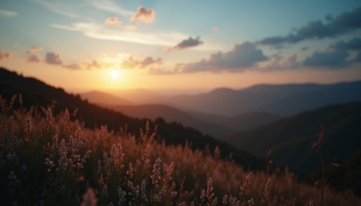 Eye-level view of a serene landscape at dusk with soft lighting