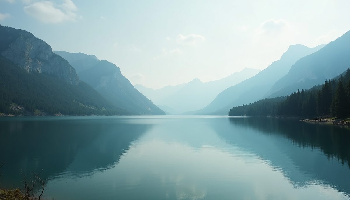 Wide angle view of a tranquil lake surrounded by mountains