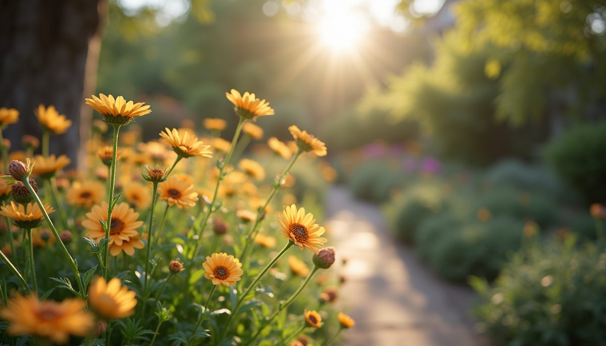 High angle view of a peaceful garden setting with blooming flowers
