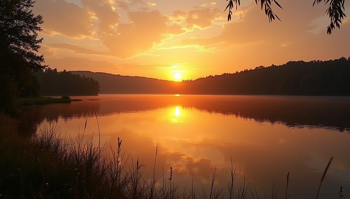 Eye-level view of a beautiful sunset over a tranquil lake
