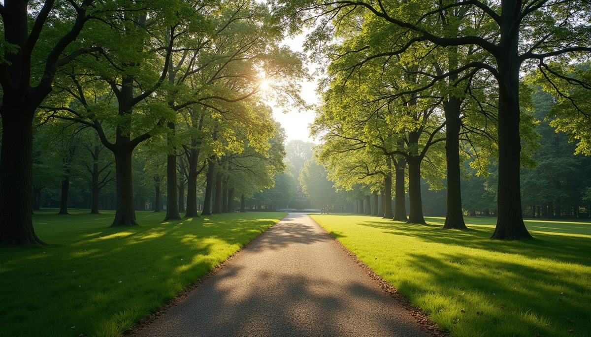 High angle view of a serene park surrounded by trees